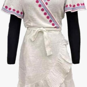 White Wrap Embroidered Short Dress (Sample)